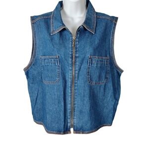 Clementine Vintage Blue Denim Zip Up Vest XL Medium Wash Cotton Sleeveless